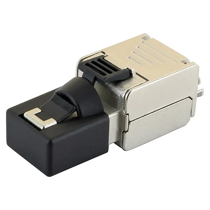 Schwaiger Netzwerk-Stecker Mini CAT 6A RJ45 aus Metall - Silber - Geschirmter RJ45 Ethernet-Stecker mit schwarzem Kunststoffgehäuse und Metallkörper.