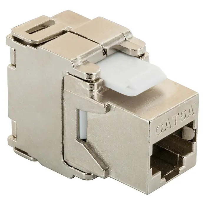 Schwaiger Netzwerk-Stecker CAT 6A Keystone Modul - Silber - Metallische CAT6A geschirmte Keystone-Buchse mit weißem Verschluss für Netzwerkkabel.