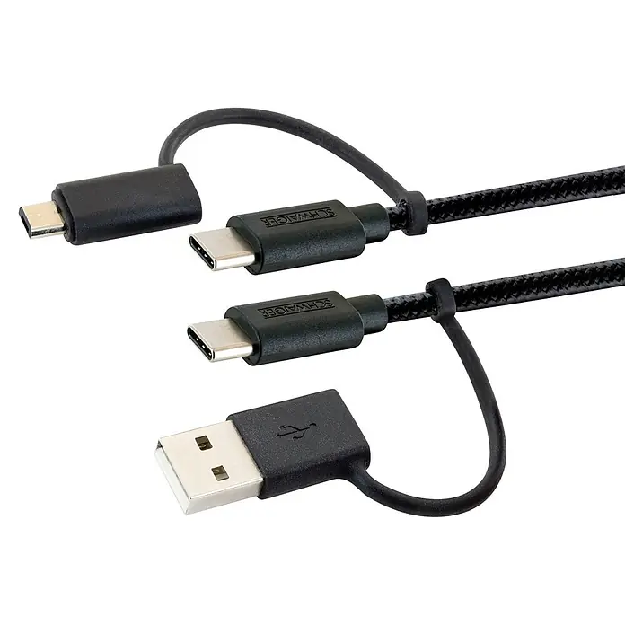 Schwaiger USB-Ladekabel 4-in-1 Adapterkabel - Schwarz, Länge: 1,5 m - Geflochtenes SCHWAIGER 3-in-1 USB-Kabel, schwarz, mit USB-A-, USB-C- und Micro-USB-Anschlüssen zum Laden und Datenübertragen.