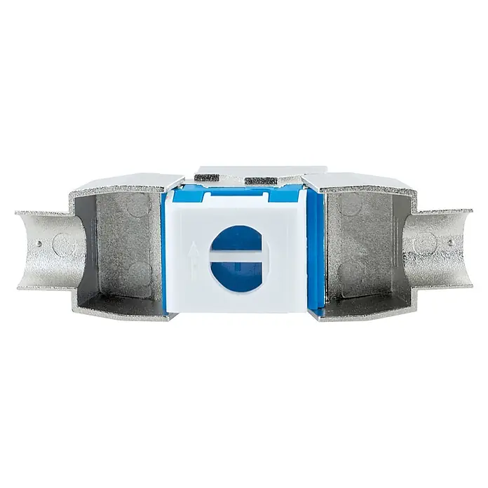 Schwaiger Netzwerk-Stecker Keystone CAT8-Modul werkzeuglos - Silber - Silbergrauer Metall-Möbelverbinder mit blauem und weißem Kunststoff-Verriegelungsmechanismus.