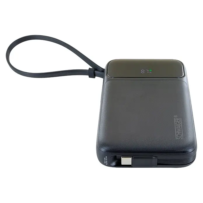 Schwaiger Powerbank Wireless-10.000 mAh inklusive Ladekabel - Schwarz - Dunkelgraue Powerbank mit integriertem USB-C-Kabel und digitaler Anzeige, die 87 % Ladung zeigt.