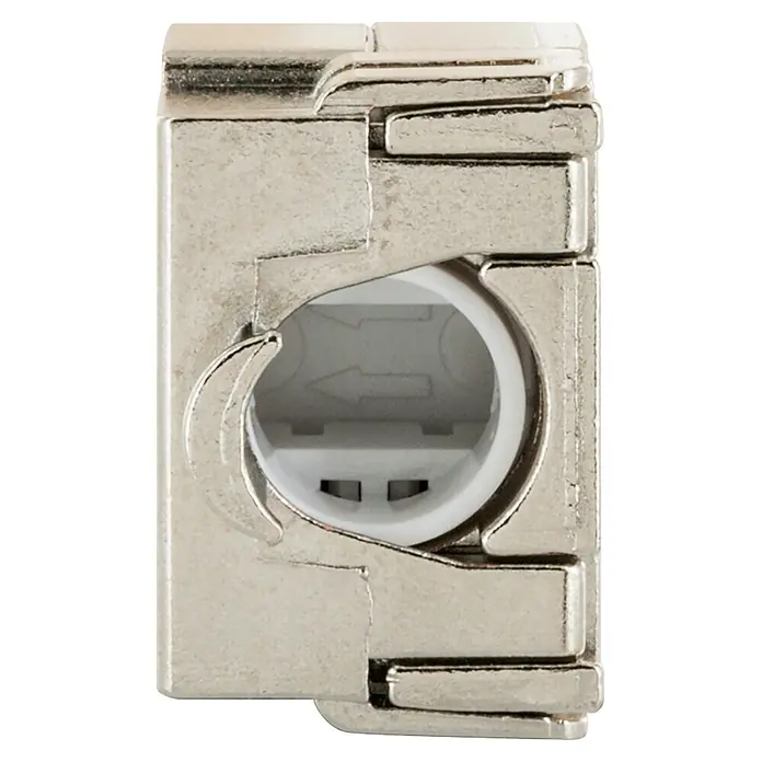 Schwaiger Netzwerk-Stecker CAT 6A Keystone Modul - Silber - Silberfarbenes Metallbauteil mit weißem Kunststoffeinsatz und Pfeilen.