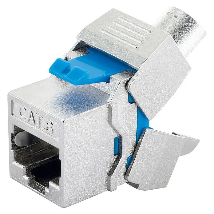 Schwaiger Netzwerk-Stecker Keystone CAT8-Modul werkzeuglos - Silber - Silberner Cat.8 Keystone-Buchse mit blauen Kunststoffeinsätzen für Netzwerkkabel.