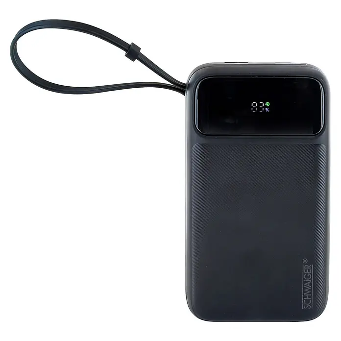 Schwaiger Powerbank Wireless 20.000 mAh inklusive Ladekabel - Schwarz - Schwarze Powerbank mit texturiertem Gehäuse, digitaler 83% Ladestandsanzeige und integriertem Trageband.