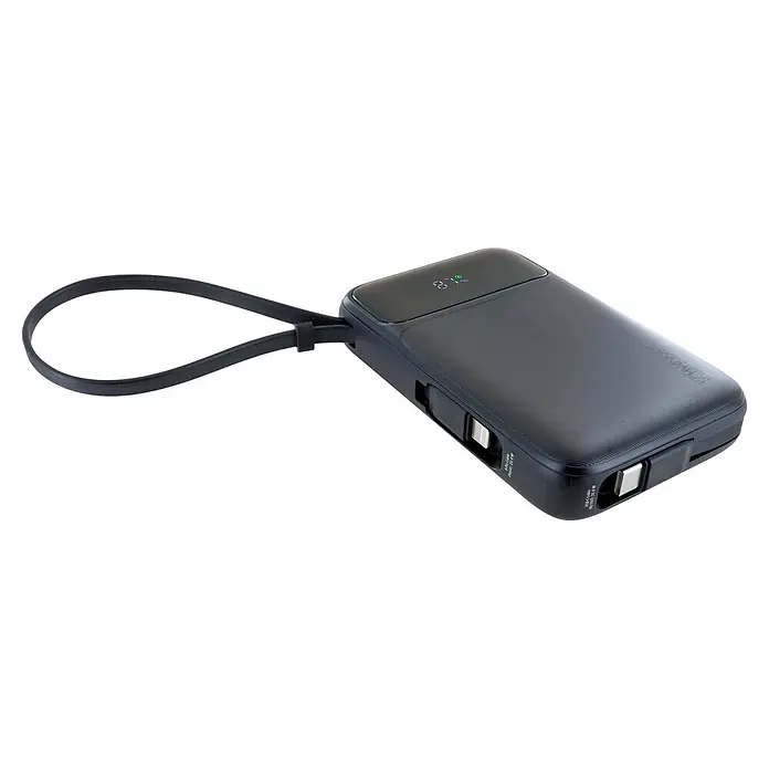 Schwaiger Powerbank Wireless-10.000 mAh inklusive Ladekabel - Schwarz - Dunkelgraue Powerbank mit digitalem Display (87%), integrierten Lightning- und USB-C-Kabeln und einer Handschlaufe.