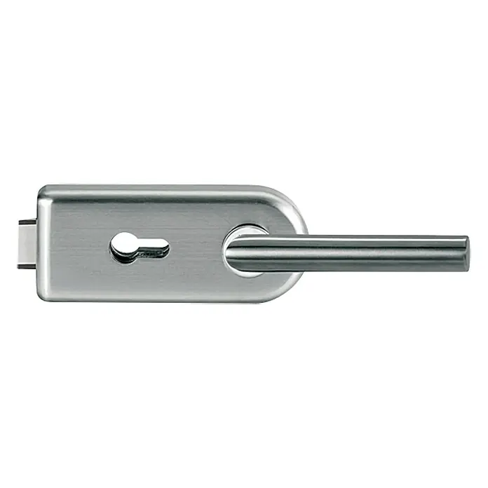 Diamond Doors Glastürbeschlag Sky PZ - Edelstahloptik, Bandbohrung/Bänder: Studio 2-teilig, Verschließbar - Nahaufnahme eines Türgriffs mit Schlüsselloch, aus gebürstetem Edelstahl gefertigt, auf neutralem Hintergrund.