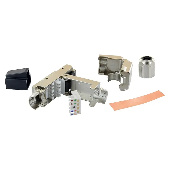 Schwaiger Netzwerk-Stecker CAT 6A RJ45 gewinkelt aus Metall - Silber - Zerlegter geschirmter RJ45-Netzwerkstecker: Metallgehäuse, Kabelorganizer, Anschlussblock, schwarze Tülle und Kupferfolie.