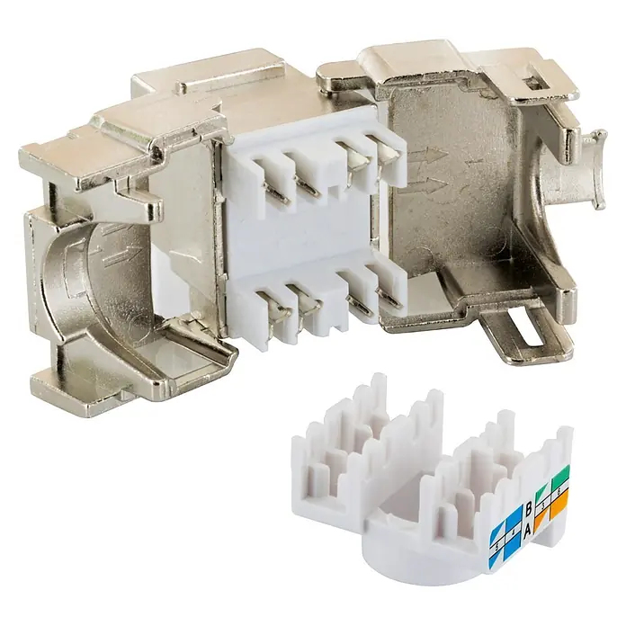 Schwaiger Netzwerk-Stecker CAT 6A Keystone Modul - Silber - Metallisch geschirmter RJ45 Keystone-Buchse, zerlegt, mit weißem IDC-Block und T568A/B-Farbkodierung.