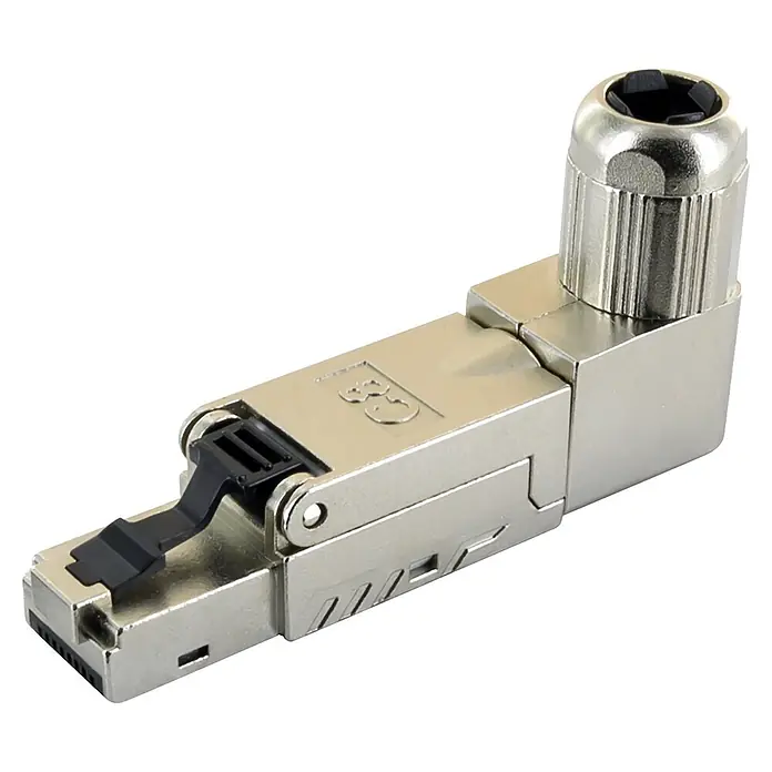 Schwaiger Netzwerk-Stecker CAT 8.1 RJ45 gewinkelt aus Metall - Silber - Silberner, metallischer, abgewinkelter RJ45 Ethernet-Stecker für Netzwerkkabel.