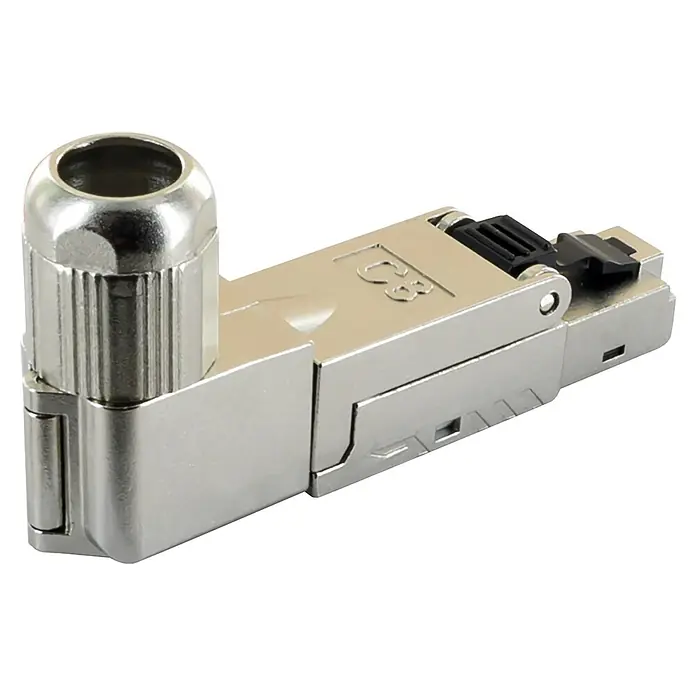 Schwaiger Netzwerk-Stecker CAT 8.1 RJ45 gewinkelt aus Metall - Silber - Silberfarbener, gewinkelter Modular-Netzwerkstecker mit robustem Metallgehäuse und schwarzer Kunststoffverriegelung.