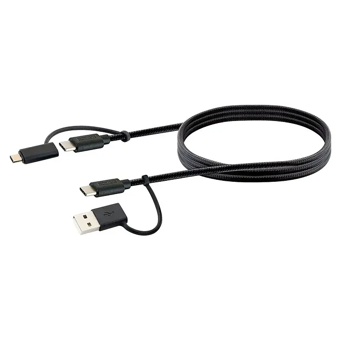 Schwaiger USB-Ladekabel 4-in-1 Adapterkabel - Schwarz, Länge: 1,5 m - Schwarzes, geflochtenes USB-Kabel mit USB-A-, USB-C-Stecker und USB-C-Buchse für vielseitiges Laden und Datenübertragung.
