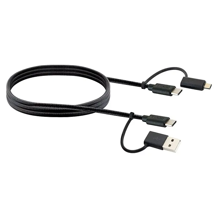 Schwaiger USB-Ladekabel 4-in-1 Adapterkabel - Schwarz, Länge: 1,5 m - Schwarzes geflochtenes Kabel mit zwei USB-C-Steckern, einer mit einem Micro-USB-Adapter und der andere mit einem USB-A-Stecker.