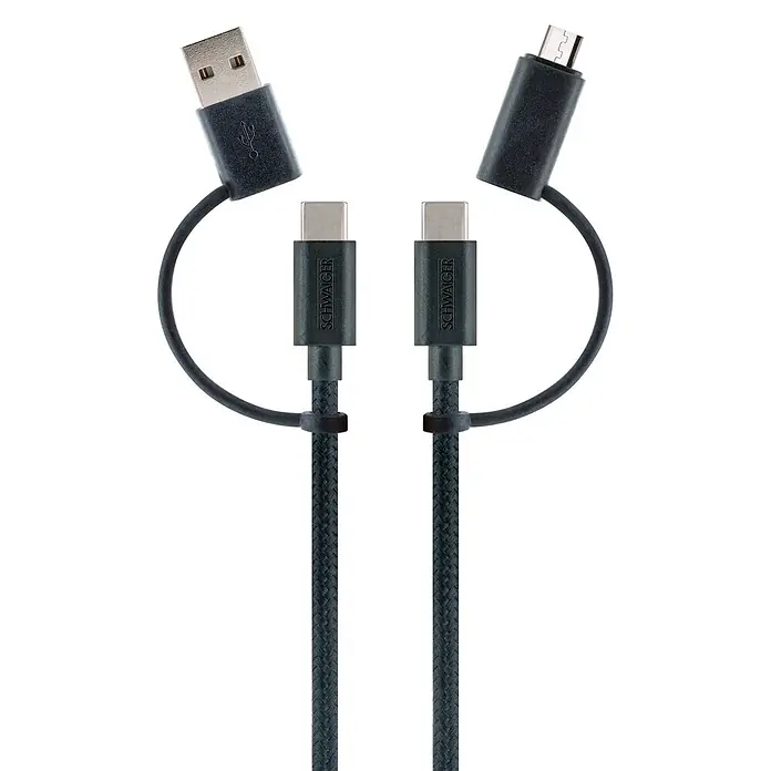 Schwaiger USB-Ladekabel 4-in-1 Adapterkabel - Schwarz, Länge: 1,5 m - Zwei dunkle geflochtene USB-C-Kabel, eines mit einem angebrachten USB-A-Adapter und das andere mit einem Micro-USB-Adapter.