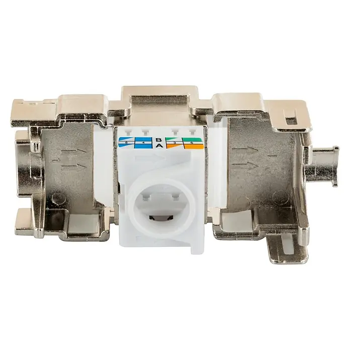 Schwaiger Netzwerk-Stecker CAT 6A Keystone Modul - Silber - Metallisch abgeschirmte Keystone-Buchse mit weißem Kunststoffkern und farbcodierter Verdrahtung für Netzwerkkabel.