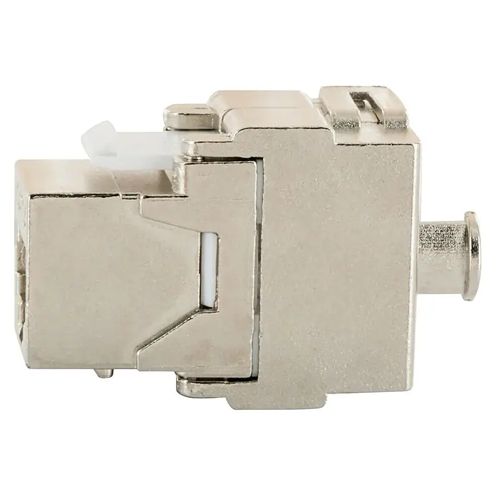 Schwaiger Netzwerk-Stecker CAT 6A Keystone Modul - Silber - Metallischer RJ45 Keystone-Jack mit weißem Kunststoffclip für Netzwerkverbindungen.