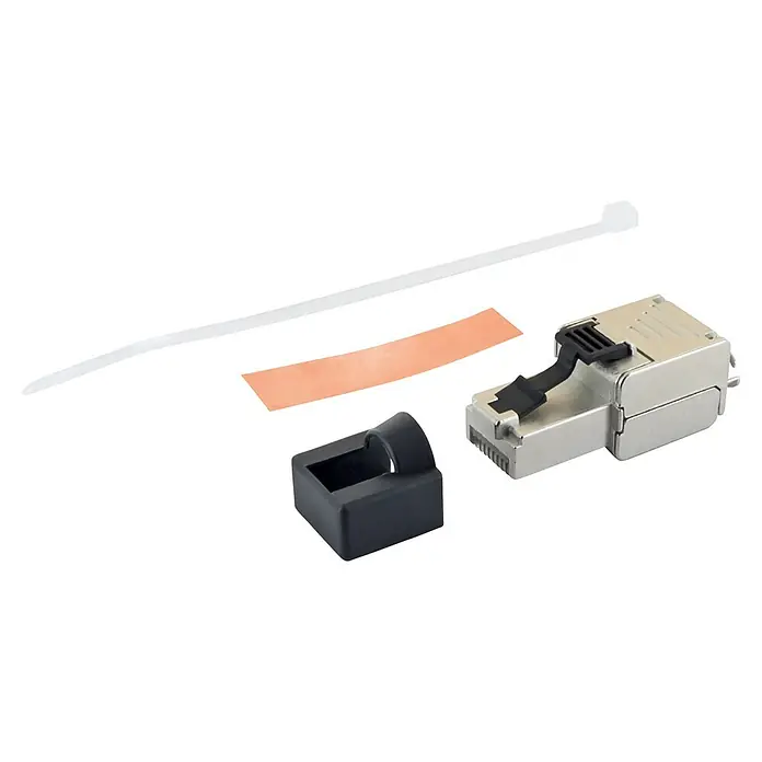 Schwaiger Netzwerk-Stecker Mini CAT 6A RJ45 aus Metall - Silber - Komponenten für einen RJ45-Stecker: Metallstecker, schwarze Zugentlastungstülle, Kupferband und weißer Kabelbinder.