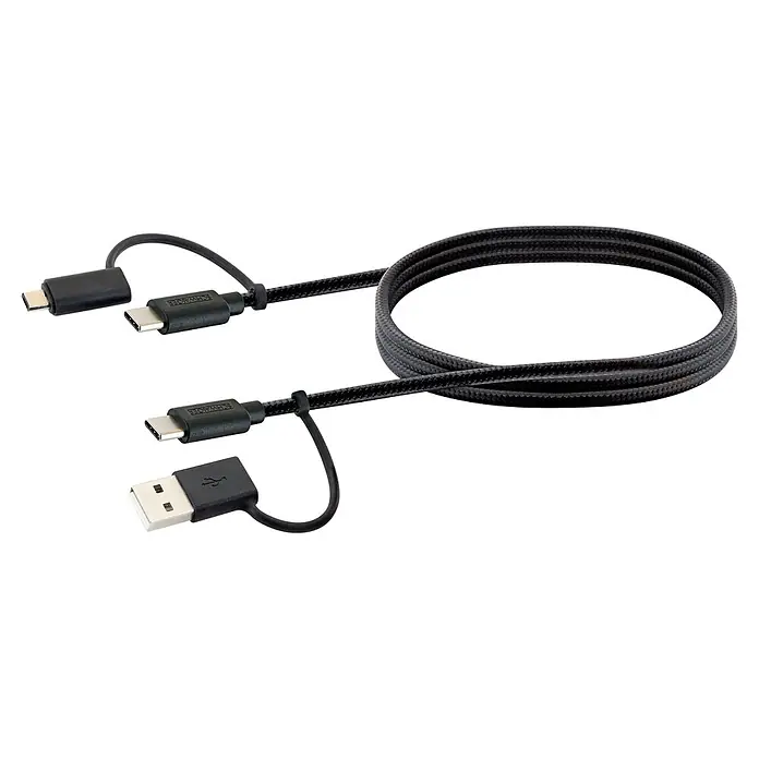 Schwaiger USB-Ladekabel 4-in-1 Adapterkabel - Schwarz, Länge: 1,5 m - Schwarzes geflochtenes Multi-Ladekabel mit USB-A, USB-C und Micro-USB Anschlüssen.