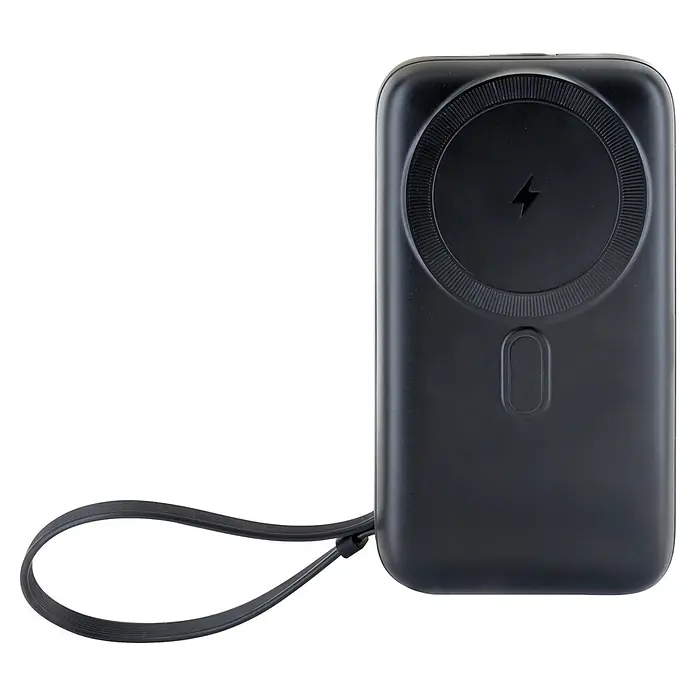 Schwaiger Powerbank Wireless 20.000 mAh inklusive Ladekabel - Schwarz - Schwarze Powerbank mit magnetischem kabellosem Ladefeld und Blitzsymbol sowie einer Handschlaufe.