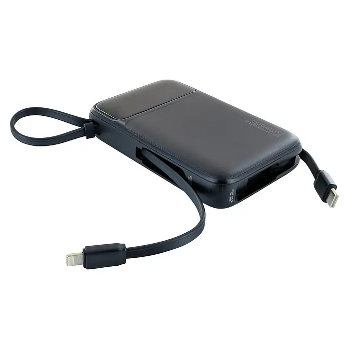 Schwaiger Powerbank Wireless-10.000 mAh inklusive Ladekabel - Schwarz - Schwarze SCHWAIGER Powerbank mit integrierten Lightning- und USB-C-Kabeln und Trageschlaufe.