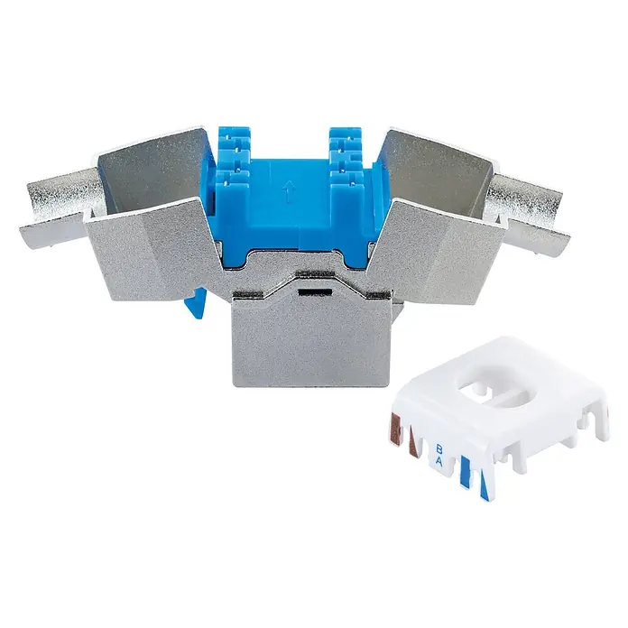 Schwaiger Netzwerk-Stecker Keystone CAT8-Modul werkzeuglos - Silber - Geschirmter RJ45 Keystone-Jack aus Metall mit blauem Kunststoffeinsatz und separater weißer Abschlusskappe.