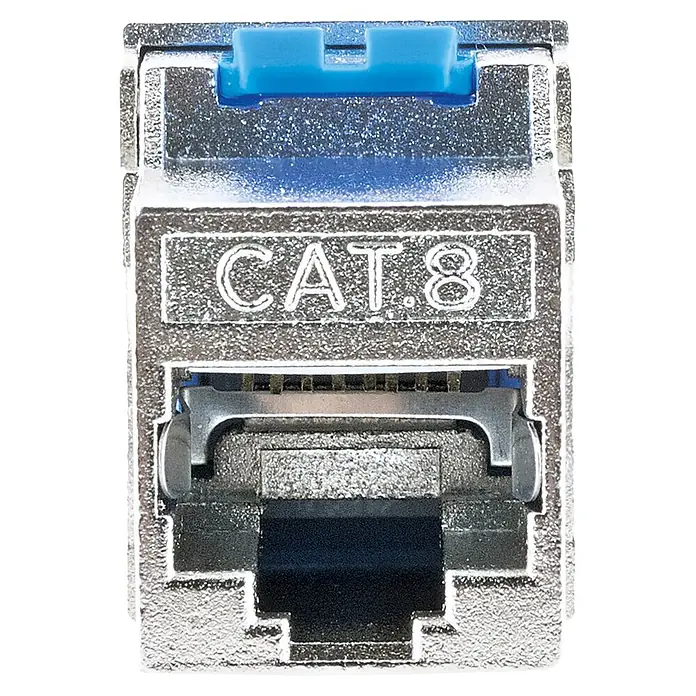 Schwaiger Netzwerk-Stecker Keystone CAT8-Modul werkzeuglos - Silber - Silberne Cat.8 Keystone-Buchse mit blauem Clip. Für Hochgeschwindigkeits-Ethernet-Verbindungen.