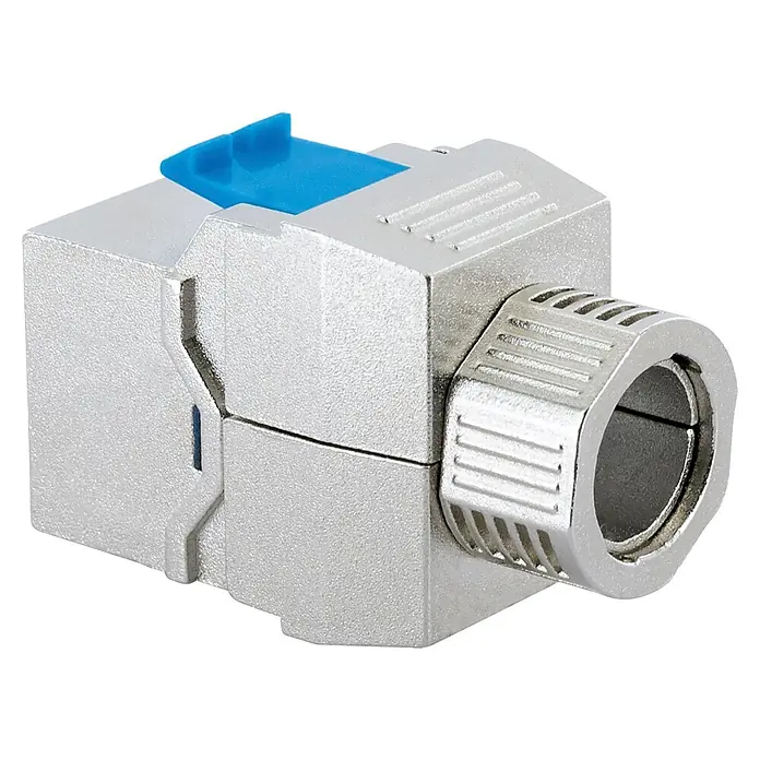 Schwaiger Netzwerk-Stecker Keystone CAT8-Modul werkzeuglos - Silber - Silberfarbener, geschirmter RJ45 Netzwerk-Keystone-Jack mit blauem Verschluss.