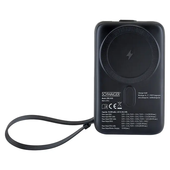Schwaiger Powerbank Wireless-10.000 mAh inklusive Ladekabel - Schwarz - Schwarze Powerbank mit integriertem Gurt, technischen Daten und Blitzsymbol auf der Rückseite.