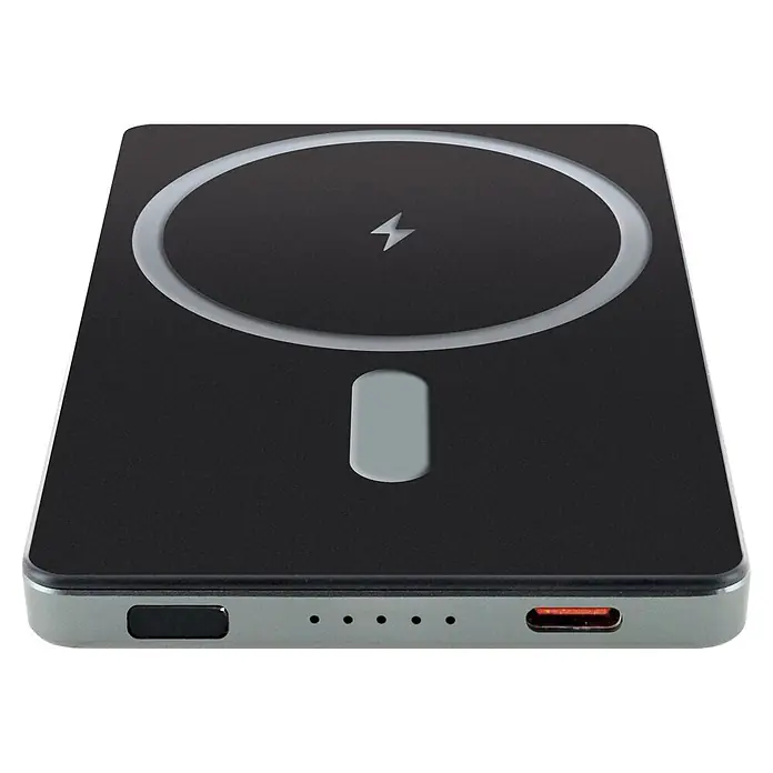 Schwaiger Powerbank magnetisch Wireless - Schwarz - Dunkelgraue kabellose Powerbank mit hellgrauem Magnetladekreis, Blitzsymbol und verschiedenen Anschlüssen.