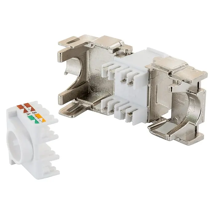 Schwaiger Netzwerk-Stecker CAT 6A Keystone Modul - Silber - Zerlegter geschirmter Netzwerk-Keystone-Jack mit Metallgehäuse und weißem Kunststoffkern, daneben eine weiße Kabel-Führungskappe.