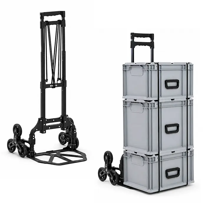 Proregal Treppen-Sackkarre ELEPHANT 80 aus Aluminium mit klappbarer Schaufel & Vollgummibereifung - Aluminium, Traglast: 80 kg - Schwarzer, klappbarer Treppensteiger mit Sechs-Rad-Design. Leer und mit drei grauen Stapelboxen gezeigt.