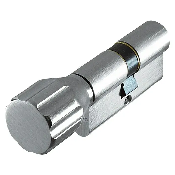 Abus Profilzylinder KD6X - Baulänge innen: 30 mm, Baulänge außen: 30 mm, Anzahl Schlüssel: 5 Stk. - Nahaufnahme eines silbernen Zylinderschlosses mit Drehknopf, ideal für Haustüren und Sicherheitssysteme.