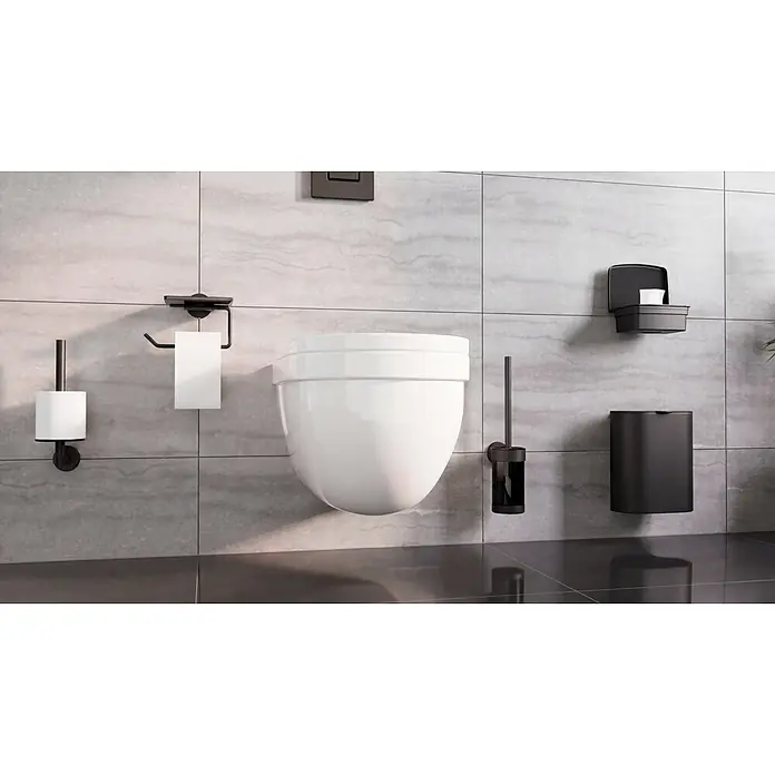 Camargue Paris Black Kosmetikeimer - Edelstahl, Schwarz - Weißes wandhängendes WC mit mattschwarzen Toilettenpapierhaltern, Toilettenbürste, Abfalleimer und Feuchttuchspender.
