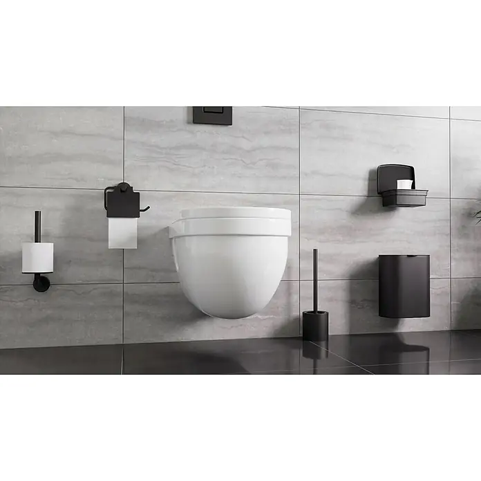 Camargue Paris Black Toilettenpapierhalter - L x B x H: 16,5 x 14 x 7 cm, Edelstahl, Schwarz - Modernes weißes wandhängendes WC mit passenden mattschwarzen Badaccessoires wie Toilettenpapierhaltern, Bürste und Abfalleimer.