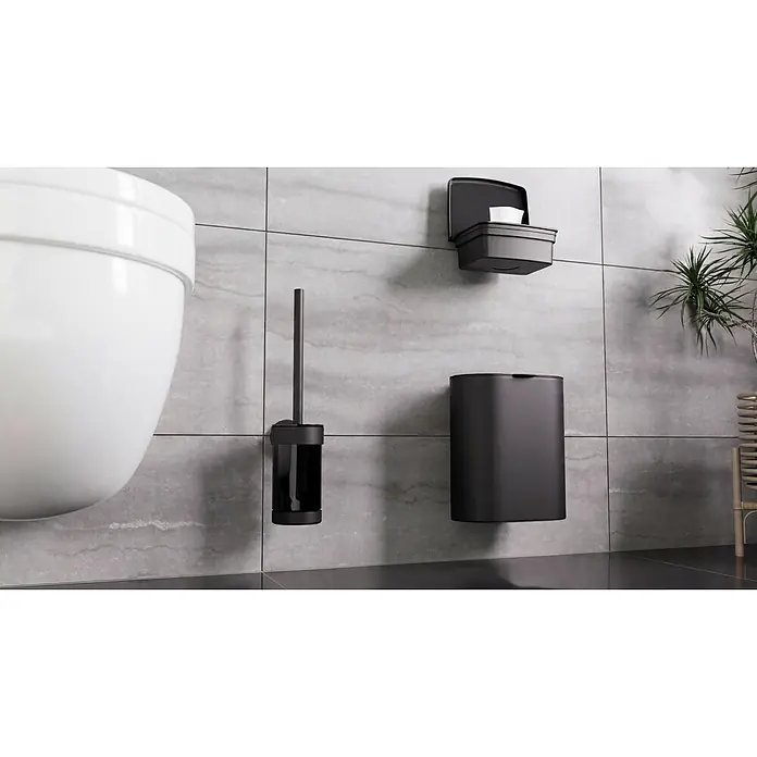 Camargue Paris Black WC-Bürstengarnitur - 9 x 11,8 x 37,7 cm, Edelstahl, Schwarz - Set aus mattschwarzen Badaccessoires: Toilettenbürste, Abfalleimer und Wandspender für Tücher.
