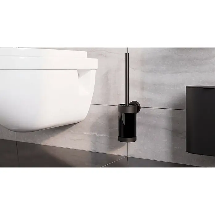 Camargue Paris Black WC-Bürstengarnitur - 9 x 11,8 x 37,7 cm, Edelstahl, Schwarz - Wandmontierte schwarze Toilettenbürste mit Halter in modernem Badezimmer.