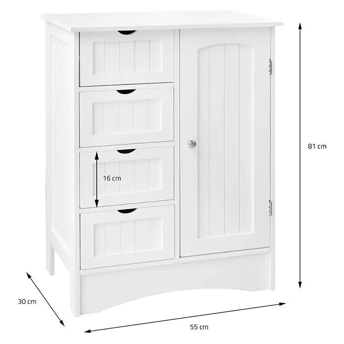 ML-Design Badmöbel-Set Badezimmerschrank 55x81x30 cm Weiß mit 1 Tür und 4 Schubladen - Weiß - Weißer Beistellschrank mit vier Lamellenschubladen und einer Schranktür.