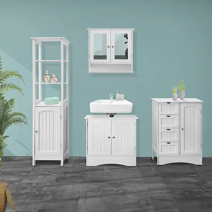 ML-Design Badmöbel-Set Badezimmerschrank 55x81x30 cm Weiß mit 1 Tür und 4 Schubladen - Weiß - Weißes Badezimmermöbel-Set aus Holz mit Hochschrank, Waschtisch und Mehrschubladenschrank.