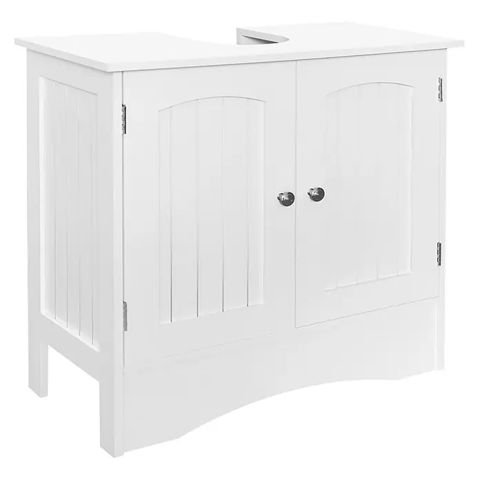 ML-Design Badmöbel-Set Waschbeckenunterschrank 60x30x60 cm Weiß mit 2 Türen - Weiß - Weißer Badunterschrank mit zwei Türen, silbernen Knöpfen und einer U-förmigen Aussparung oben.