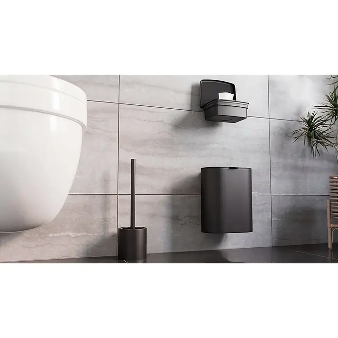Camargue Paris Black Kosmetikeimer - Edelstahl, Schwarz - Schwarzer Wandabfallbehälter, Toilettenbürste mit Halter und Feuchttuchspender in einem modernen Badezimmer.