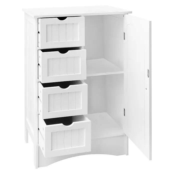 ML-Design Badmöbel-Set Badezimmerschrank 55x81x30 cm Weiß mit 1 Tür und 4 Schubladen - Weiß - Weißer Holzschrank mit vier teilweise geöffneten Schubladen und einem offenen Fach mit Tür zur Aufbewahrung.