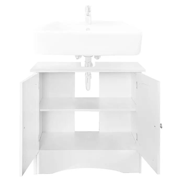 ML-Design Badmöbel-Set Waschbeckenunterschrank 60x30x60 cm Weiß mit 2 Türen - Weiß - Weißer Badezimmer-Waschbeckenunterschrank mit zwei offenen Türen, Ablage und Sanitärausschnitt, darauf ein Waschbecken mit Armatur.
