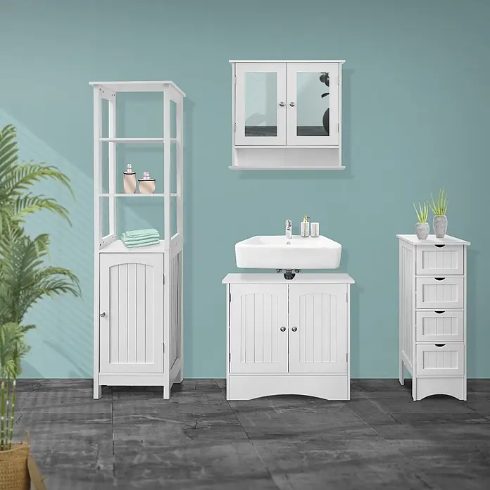 ML-Design Badmöbel-Set Waschbeckenunterschrank 60x30x60 cm Weiß mit 2 Türen - Weiß - Weißes Badmöbelset mit Waschbeckenunterschrank, Spiegelschrank und Aufbewahrungseinheiten.