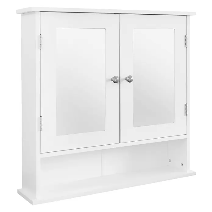 ML-Design Badmöbel-Set - Weiß - Weißer Wandschrank mit zwei Spiegeltüren, silbernen Knöpfen und offener Ablage.