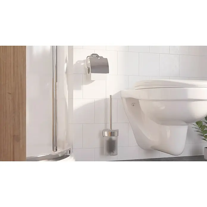 Venus WC-Bürstengarnitur Prag - Edelstahl, Chrom - Weiße wandhängende Toilette, mit Toilettenpapierhalter und Bürste.