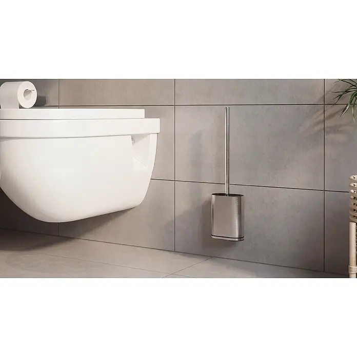 Camargue Antwerpen WC-Bürstengarnitur - Edelstahl, Edelstahl, Form: Oval - Wandhängendes WC und Toilettenbürstenhalter aus gebürstetem Edelstahl in einem modernen Bad.