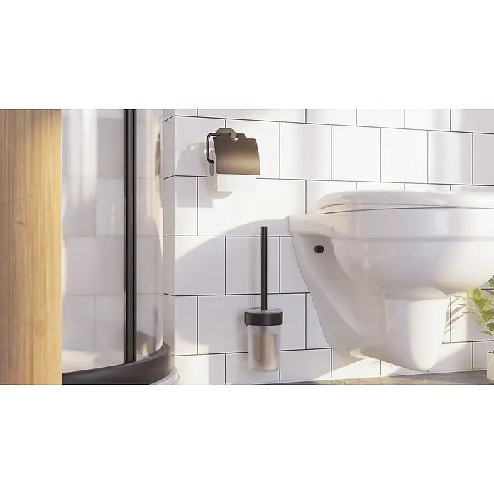Venus WC-Bürstengarnitur Prag - Edelstahl, Schwarz - Wandhängende weiße Toilette, schwarzer Toilettenpapierhalter mit weißem Papier und schwarze Toilettenbürste im gefrosteten Halter.