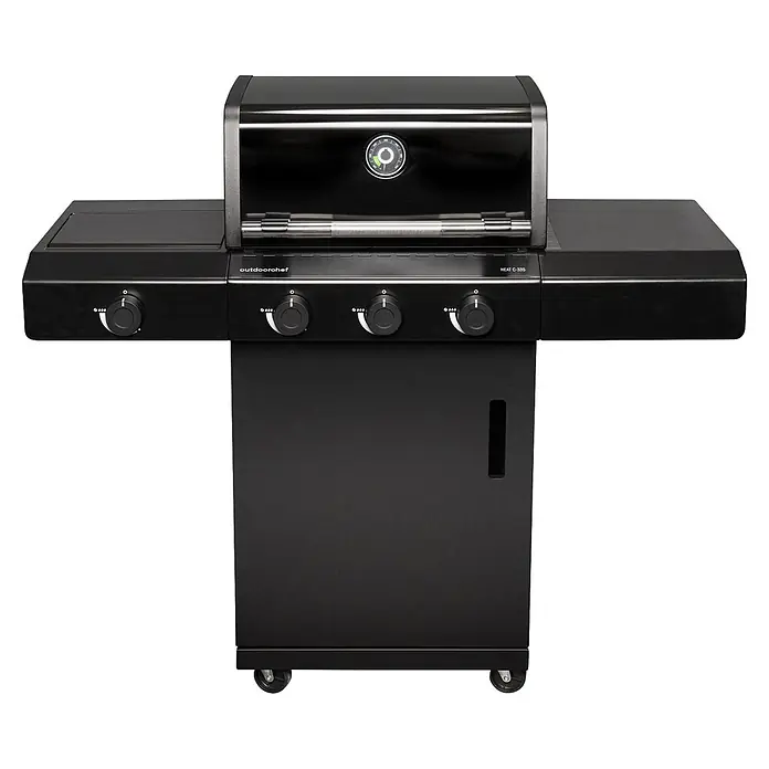 Outdoorchef Gasgrill Heat C335 - Grillfläche (B x T): 56 x 48 cm, 10,5 kW, Anzahl Brenner: 3 Stk. - Schwarzer Outdoor-Gasgrill mit Seitenablagen, Thermometer und drei Bedienknöpfen.