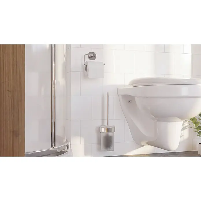 Venus WC-Bürstengarnitur Prag - Edelstahl, Chrom - Verchromter Toilettenpapierhalter mit weißer Rolle und wandmontierte Toilettenbürste mit mattiertem Halter.