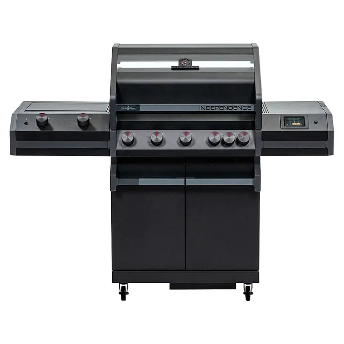 Grillfürst Gasgrill Independence P530G Smart - Grillfläche (B x T): 72 x 41,5 cm, 13 kW, Anzahl Brenner: 5 Stk. - Dunkelgrauer Gasgrill mit Seitenablagen, mehreren Bedienknöpfen und einem Unterschrank.