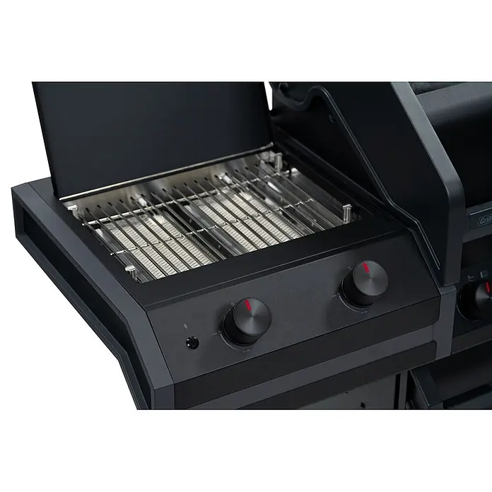 Grillfürst Gasgrill Independence P530G - Grillfläche (B x T): 72 x 41,5 cm, 13 kW, Anzahl Brenner: 5 Stk. - Schwarzer Gasgrill mit offenem Deckel, zeigt Edelstahlroste über Keramikbrennern und rote Bedienknöpfe.